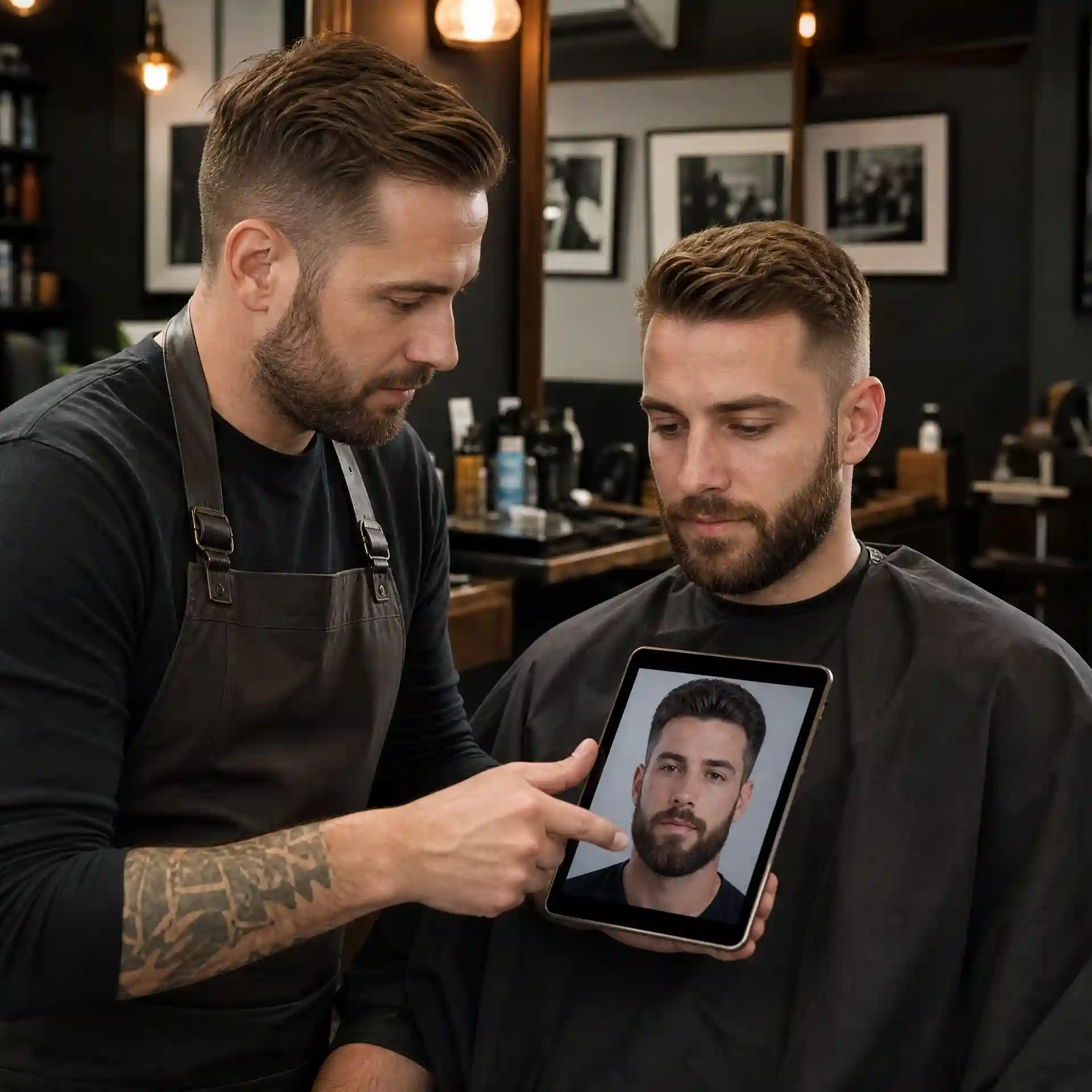 Barber using a beard generator preview to guide a professional grooming consultation