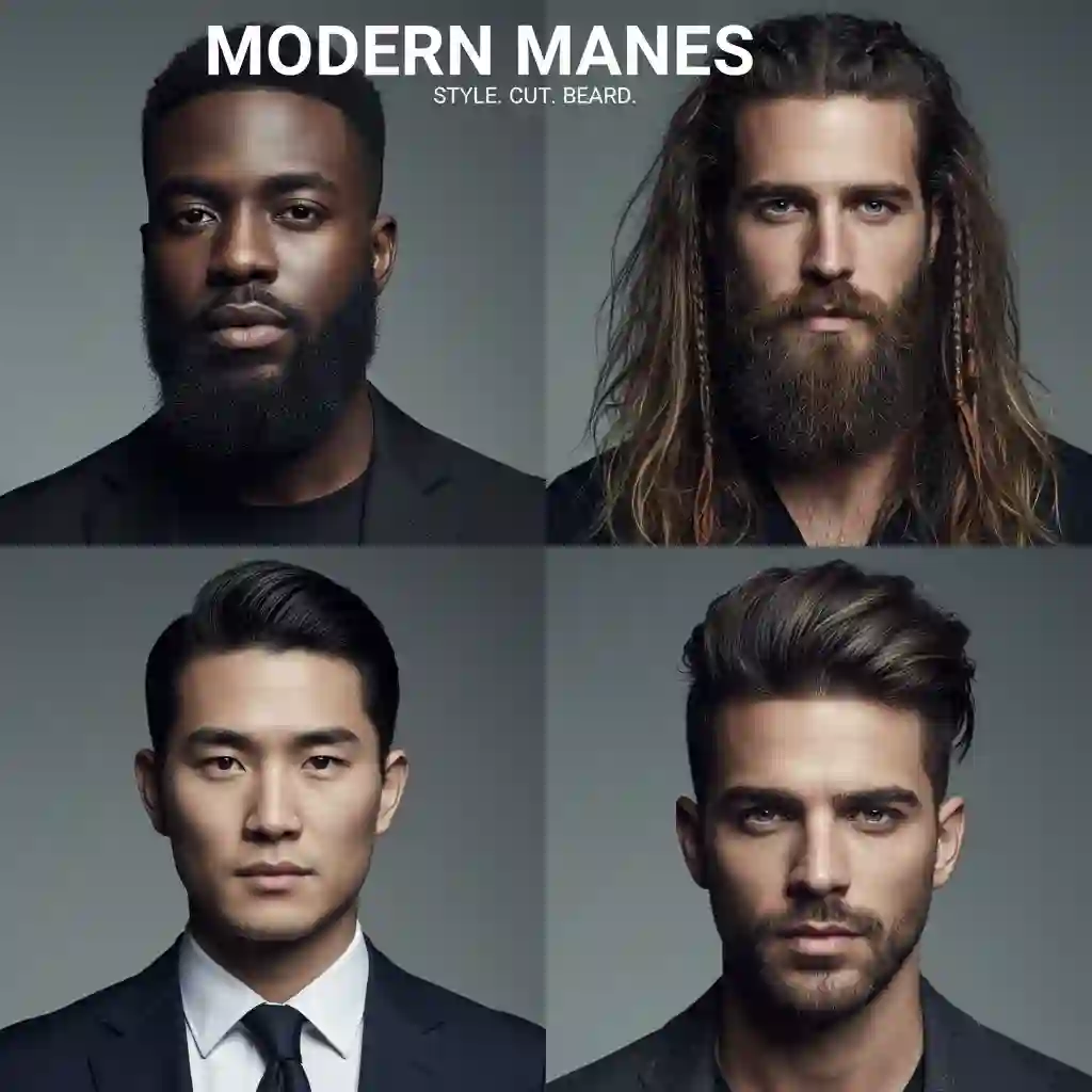 A collage of diverse men showcasing the best hairstyles with beard for 2026, ranging from sharp fades to long flowing locks, illustrating the perfect balance between haircut and facial hair.