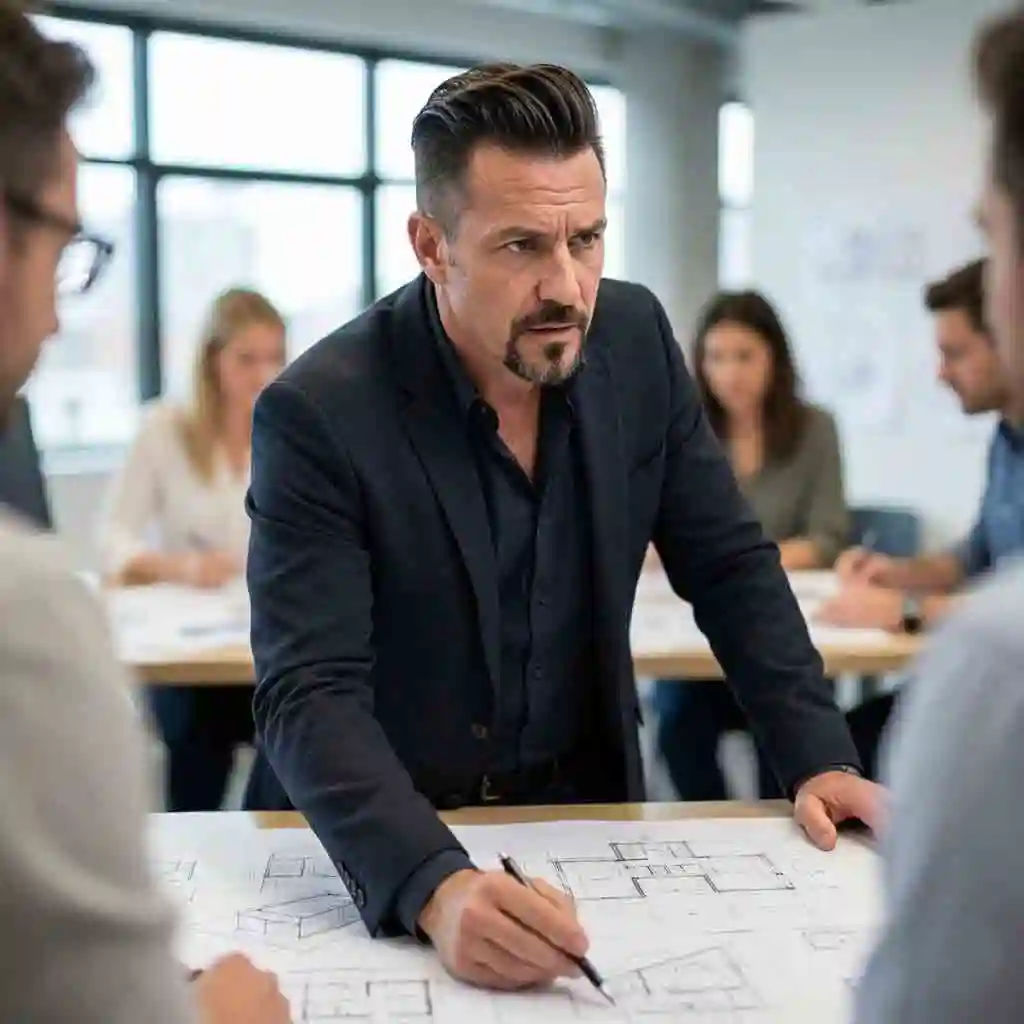 Confident leader wearing a short pompadour with a goatee, showcasing a precise and focused look that signals intelligence and authority in best hairstyles with beard.