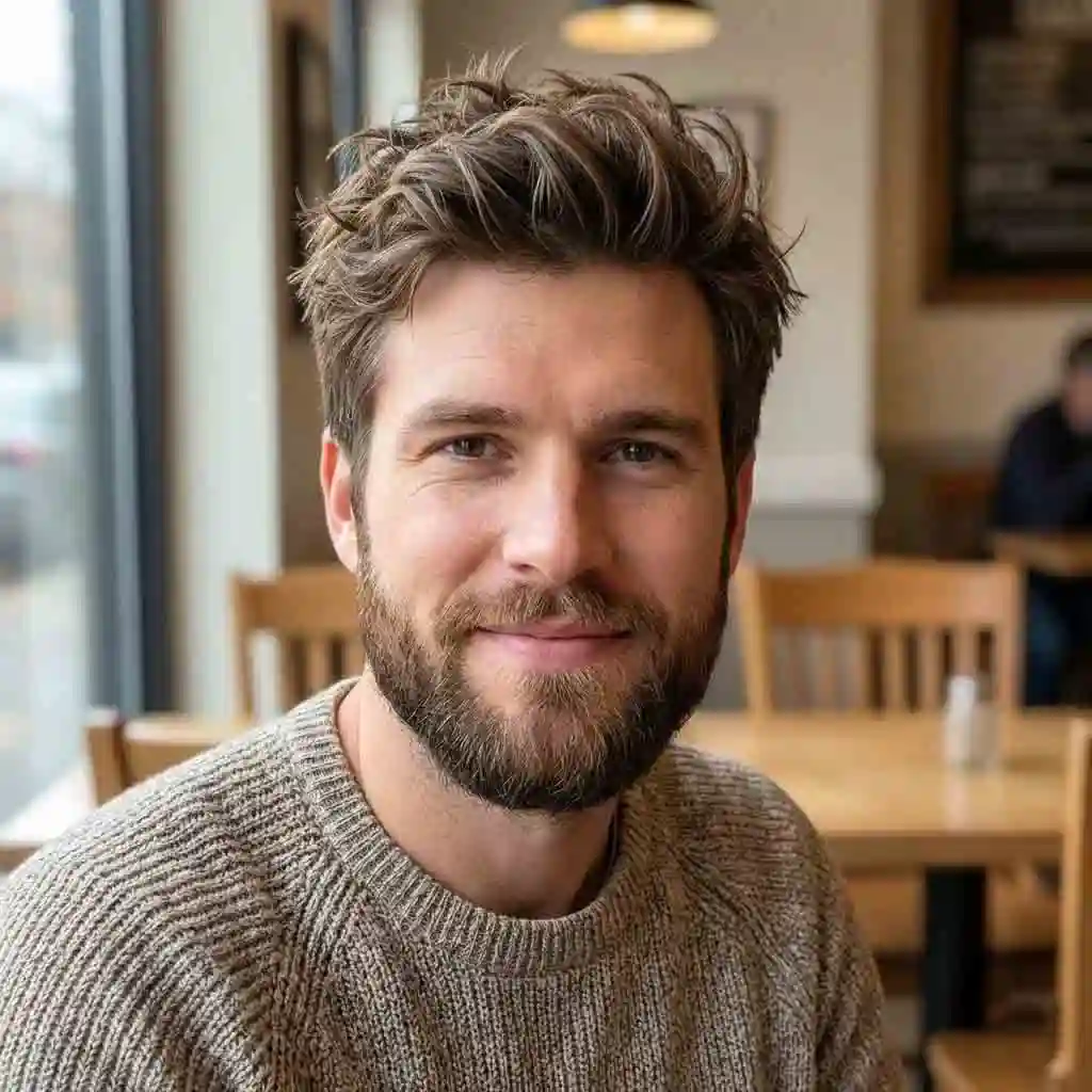 Square face shape tips, demonstrating how to soften strong jawlines with layered hairstyles and rounder beards to achieve the perfect balance in best hairstyles with beard.