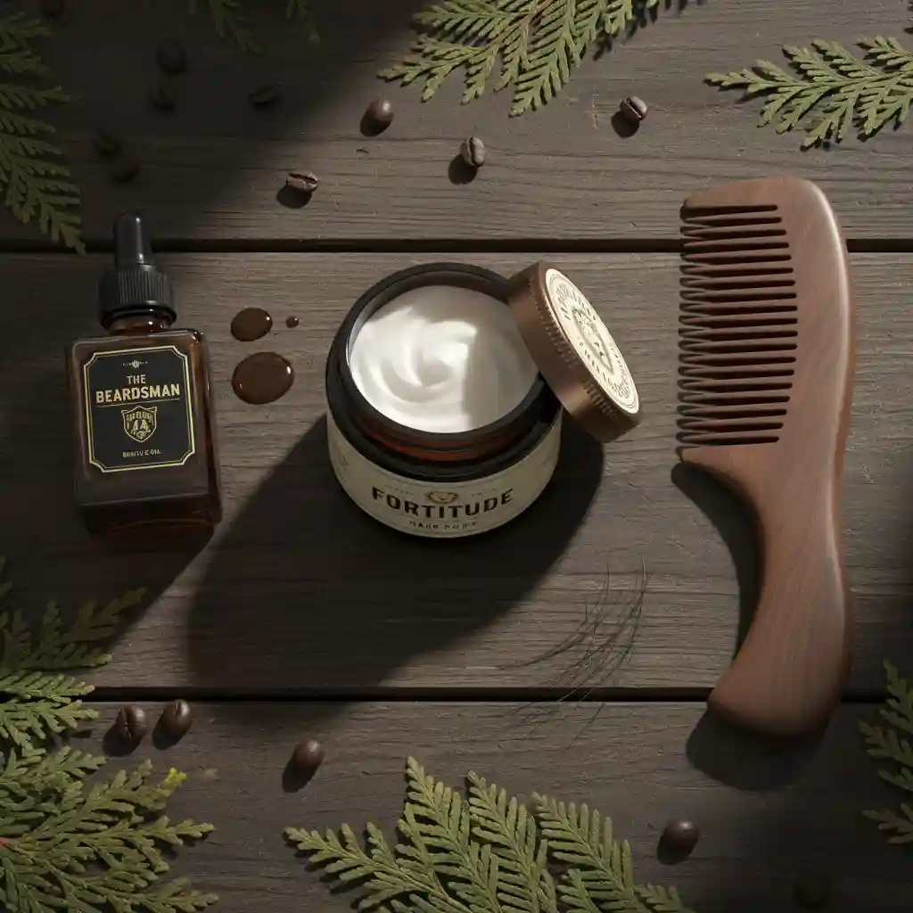 Essential grooming toolkit including pomade, beard oil, and a comb, the three key products needed to maintain and style the best hairstyles with beard effectively.