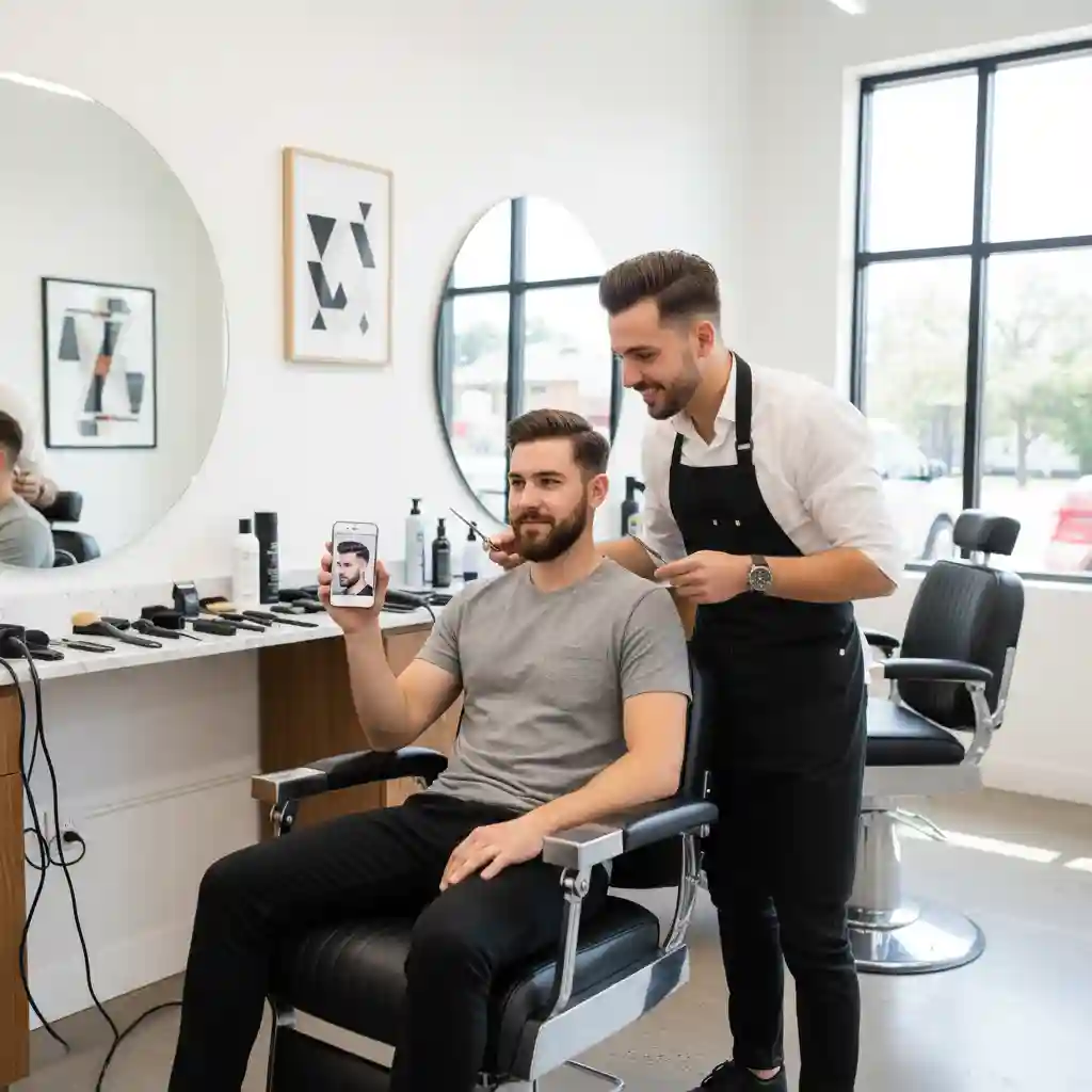Man showing a photo to his barber, illustrating the importance of clear communication and using visual references to get the exact best hairstyles with beard you want.