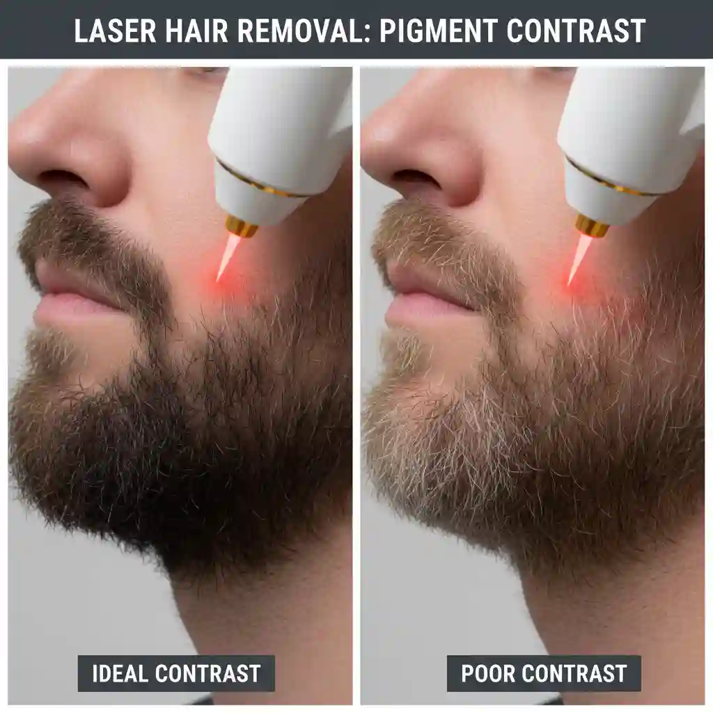 Skin and hair color suitability guide showing ideal contrast for beard removal laser safety and efficacy, including darker hair on lighter skin, Nd:YAG options for dark tones, and limitations with blonde, red, gray, or white beards.