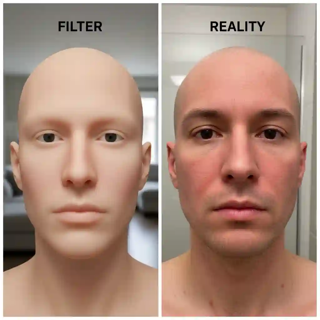 Side-by-side comparison of social media beard remover filters versus real outcomes from beard removal laser, revealing post-treatment redness, swelling, precision challenges, and the difference between virtual effects and medical aesthetic results.