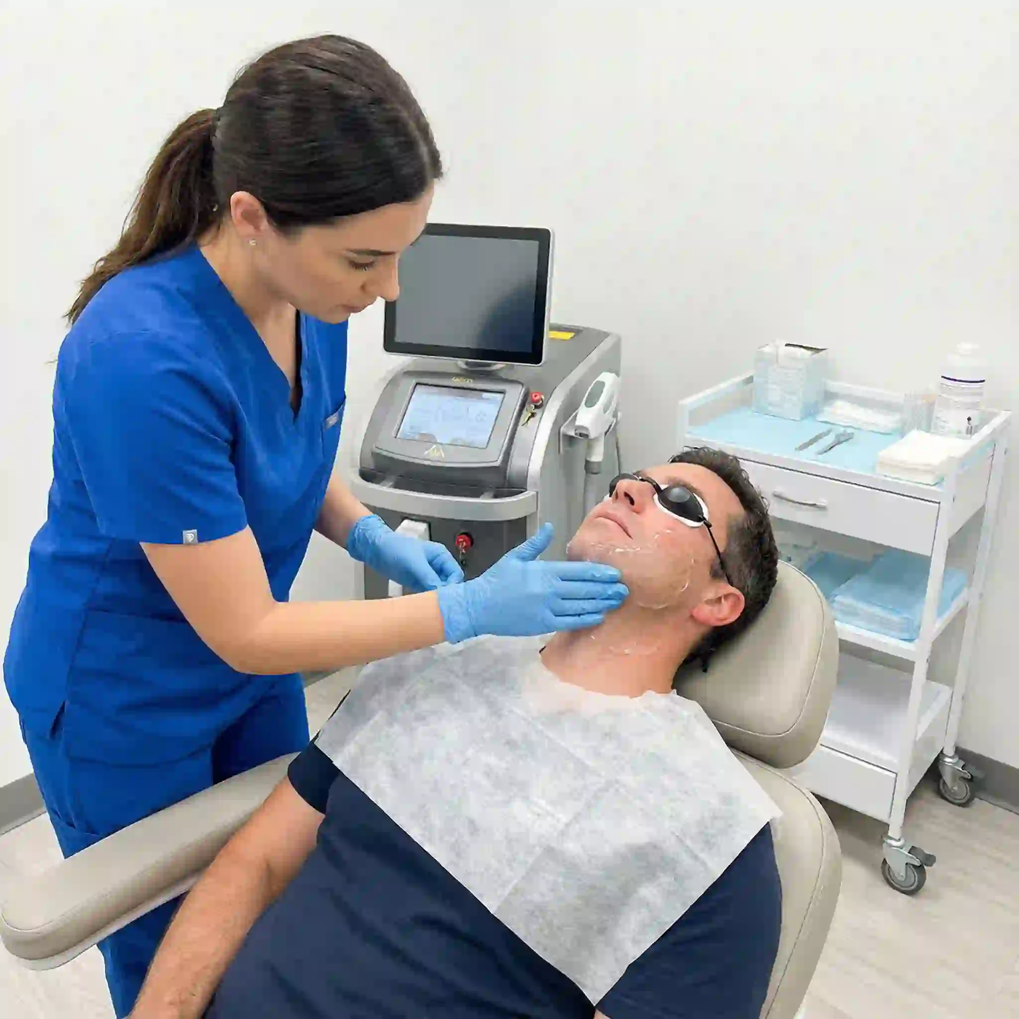 Preparation step for beard removal laser using protective gel and skin cleaning, demonstrating professional protocols that enhance comfort, reduce risks, and improve efficiency for safe facial hair reduction across dense beard areas.