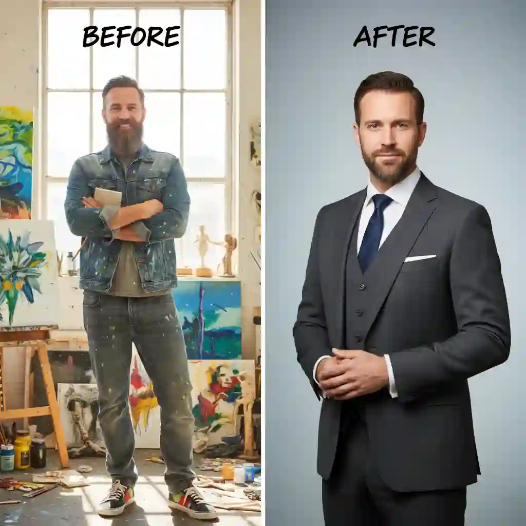 Transformation from a casual bearded portrait to a professional headshot using an ai beard remover online free, producing polished clean‑shaven results suitable for resumes, LinkedIn, IDs, and urgent requests.