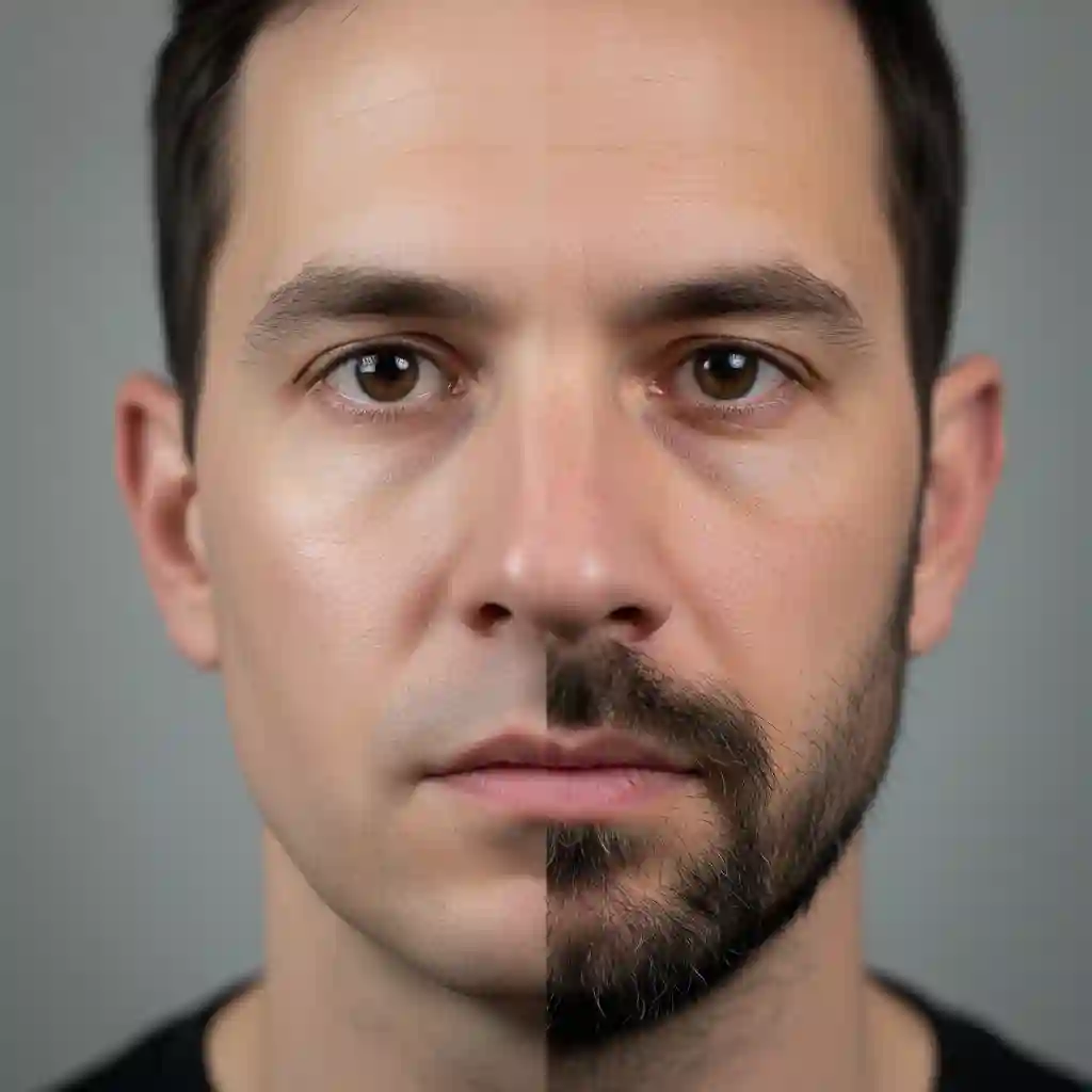 Before‑and‑after demonstration of an ai beard remover online free generating realistic skin with correct lighting and texture, delivering a credible clean shave filter compared to a visible, plastic‑looking manual edit.