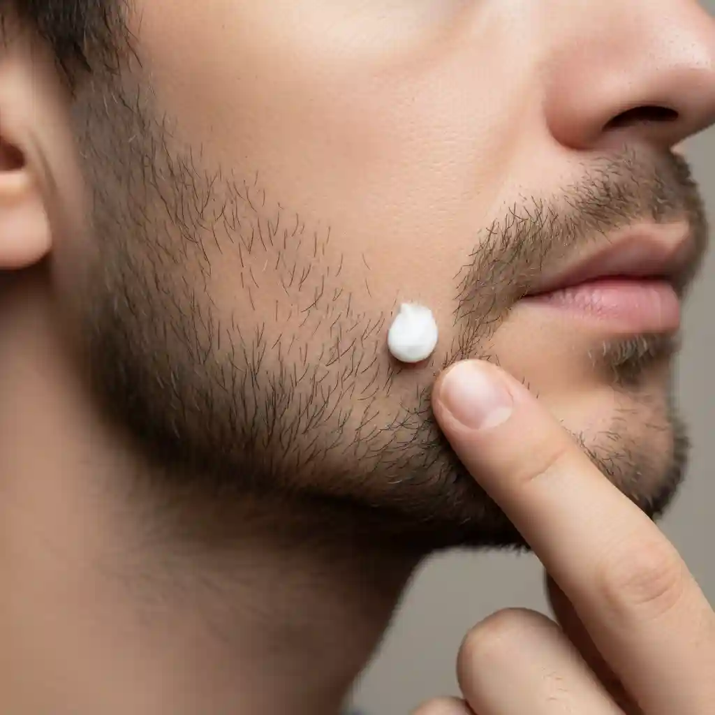 Patch test illustration for beard removal cream, emphasizing applying to a hidden area, timing carefully, and observing 24-hour reactions to prevent full-face allergies and ensure safe compatible product selection.