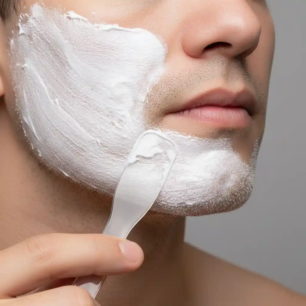 Diagram explains the chemistry behind beard removal cream, breaking keratin disulfide bonds safely at the follicle opening, softening coarse beard hair for easy wipe-off without cuts or nicks common with razors.