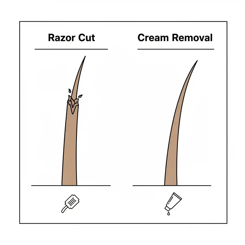 Side-by-side comparison of razor cutting versus dissolving effects from beard removal cream, demonstrating rounded hair tips that reduce ingrown hairs, irritation, and rough stubble, enhancing comfort during daily grooming.