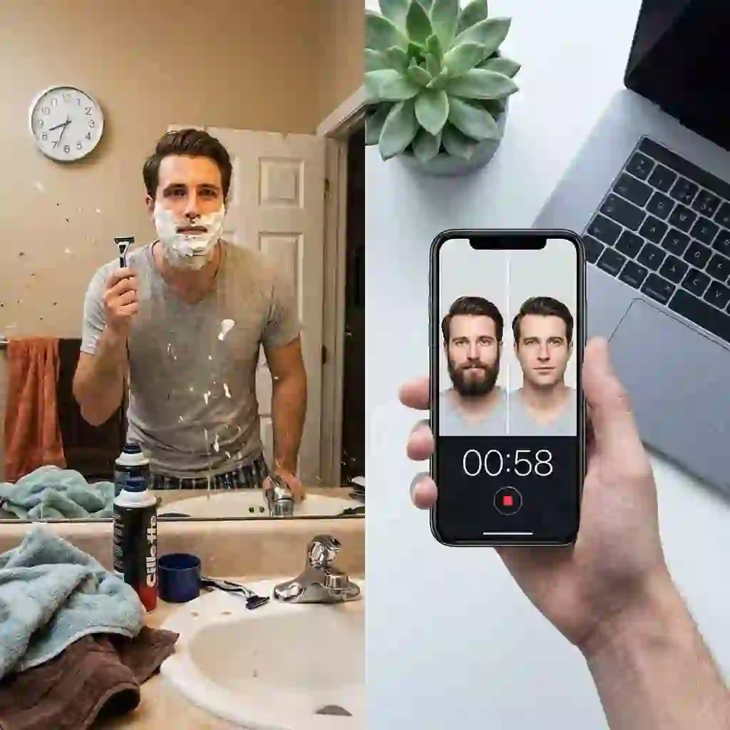 Time comparison demonstrates shaving versus using an app that removes beard, showing AI automation completing a realistic beard removal and clean-shaven preview in under sixty seconds, saving effort during urgent professional photo updates.