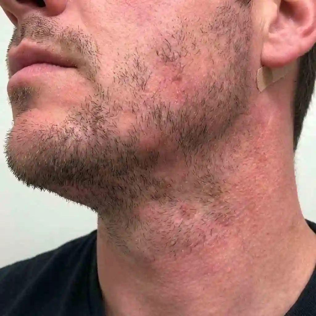 Timeline showing the progressive reduction of facial hair after sessions one, three, and six of a laser hair removal beard course, demonstrating the gradual thinning and patchiness that leads to smooth skin.