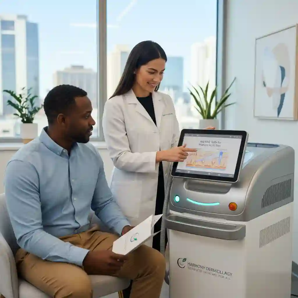 Explanation of Nd:YAG laser technology designed for darker skin tones, ensuring safe and effective laser hair removal beard results by bypassing skin melanin to target hair follicles directly without causing burns or damage.