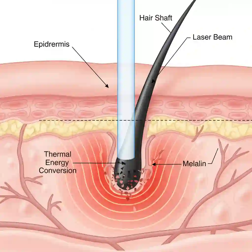 Visual diagram illustrating the principle of selective photothermolysis where concentrated light energy from the laser hair removal beard device targets melanin in hair follicles to permanently disable growth without damaging the surrounding skin.