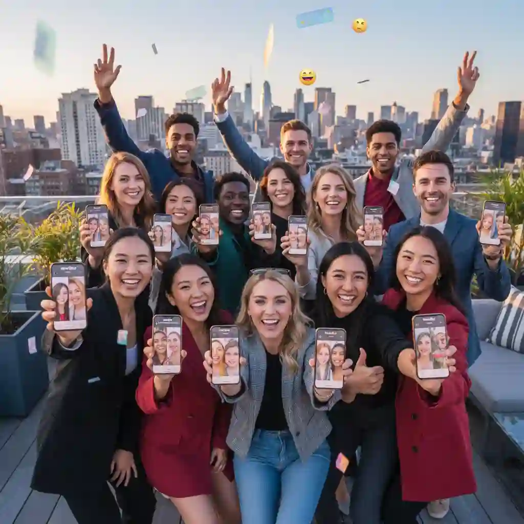 Smiling user reviewing a clean-shaven photo produced by an app that removes facial hair, reflecting satisfaction, confidence, and improved presentation after realistic skin reconstruction and subtle edge blending on a mobile device.