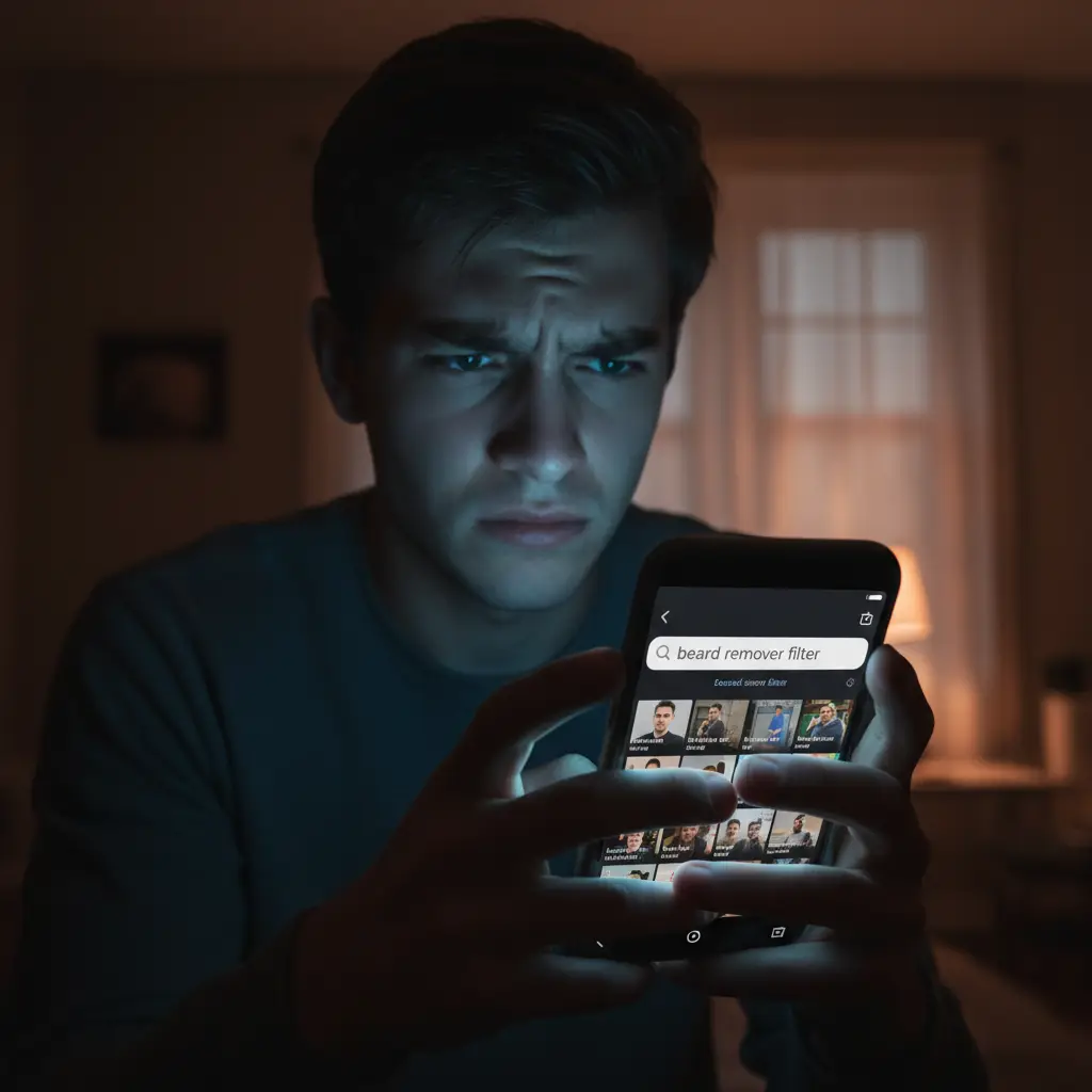 Illustration explaining why the Beard Remover Filter is difficult to find and how AI reconstruction beats simple AR overlays for a realistic clean‑shaven look in photos and social platforms.