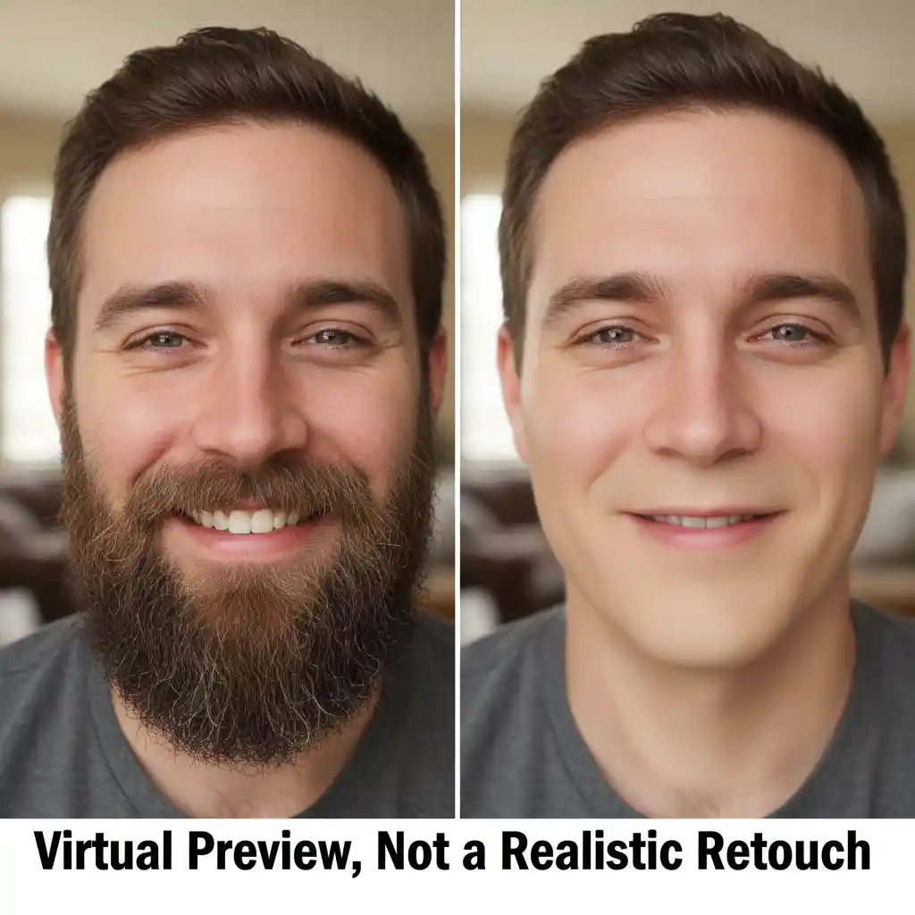 YouCam Makeup preview of virtual shave styles, explaining entertainment value versus realism and why a precise Beard Remover Filter is necessary for natural photographic outcomes.