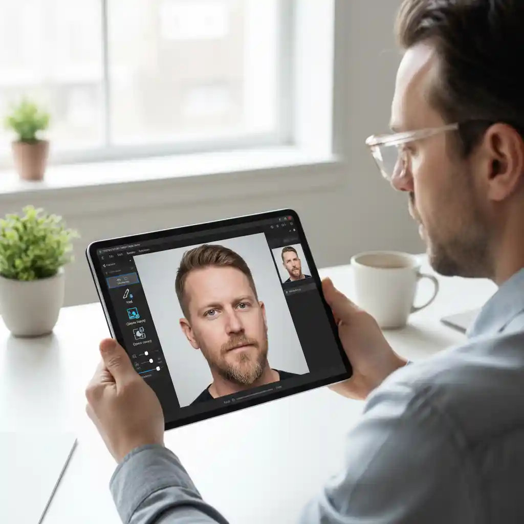 Adobe Photoshop Fix mobile workflow demonstrating heal and clone stamps to approximate a Beard Remover Filter, preserving skin texture and lighting for near‑professional beard removal on phones.