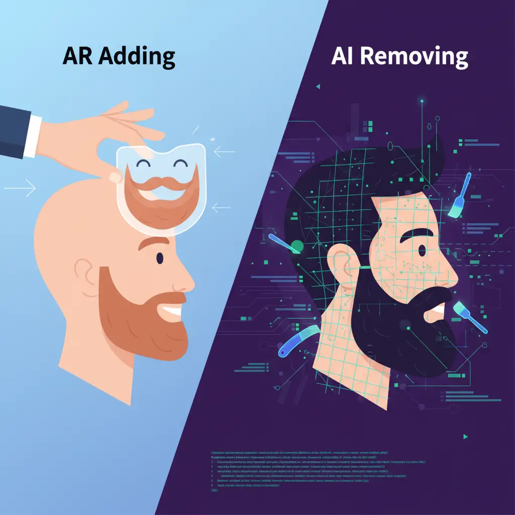 Diagram comparing AR overlays versus AI facial reconstruction, showing why the Beard Remover Filter requires regenerating jawline and skin texture frame by frame instead of simply adding stickers to your face.
