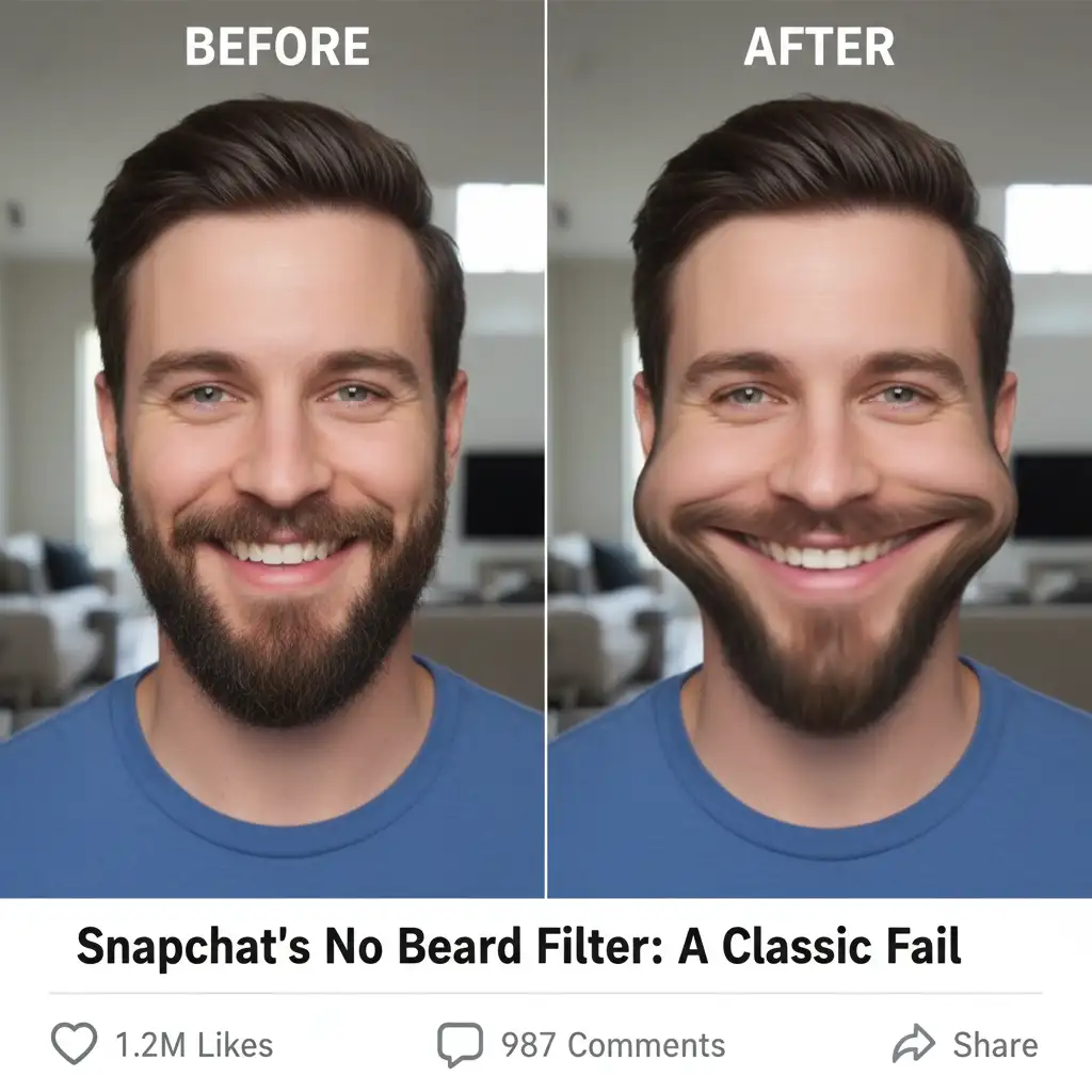 Screenshot referencing Snapchat’s experimental no‑beard feature, highlighting typical glitches and artifacts that prove the Beard Remover Filter needs smarter AI to avoid blurry, distorted jawlines on thicker beards.