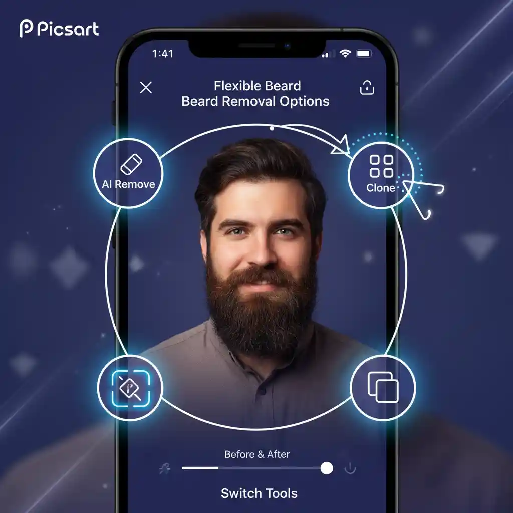 Picsart interface illustrating AI remove and clone tools, demonstrating flexible workflows when a dedicated Beard Remover Filter is unavailable, plus creative adjustments after beard removal.
