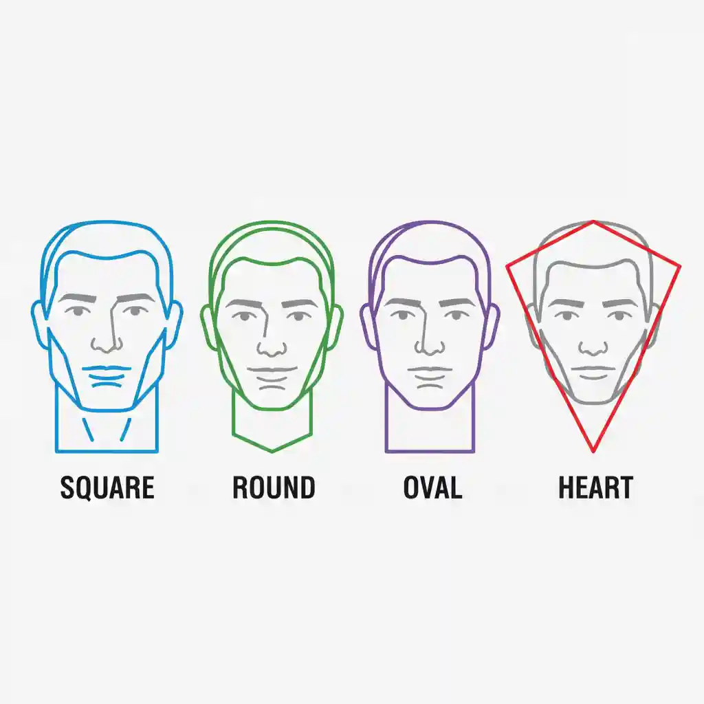 Diagram illustrating various face shapes including square, round, and oval, acting as a guide to choose the most flattering beard fade style to enhance facial geometry.