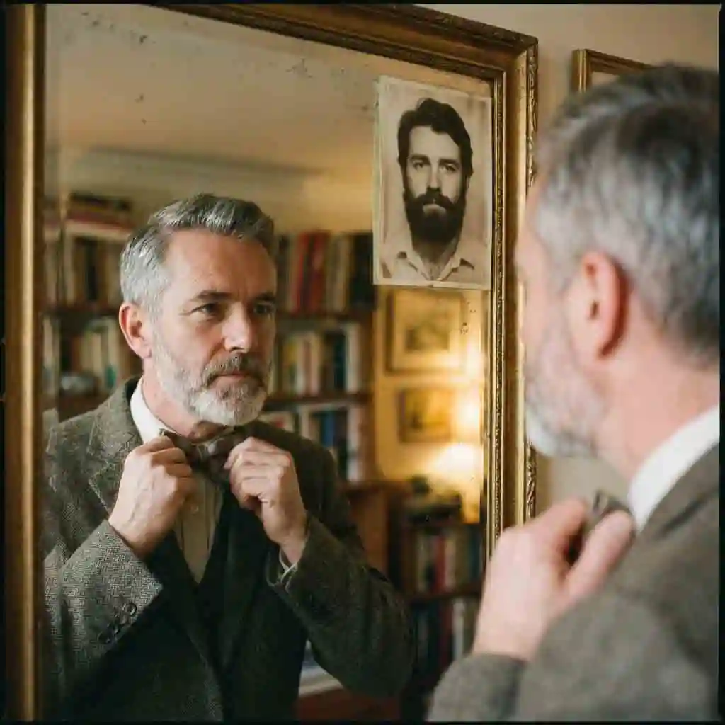 Stylized graphic encouraging men to experiment with their look as they age to ensure they always sport the most flattering beard for your face shape.