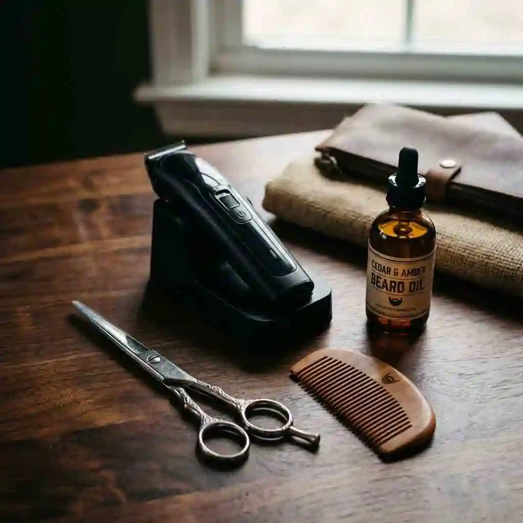 Display of essential beard maintenance tools including trimmer scissors and oil necessary for keeping your chosen beard for your face shape looking sharp.