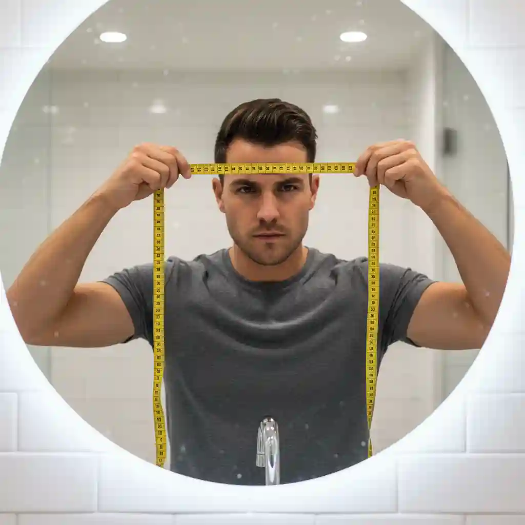 Diagram showing the four key measurements forehead width cheekbone width jawline length and face length needed to identify the correct beard for your face shape.