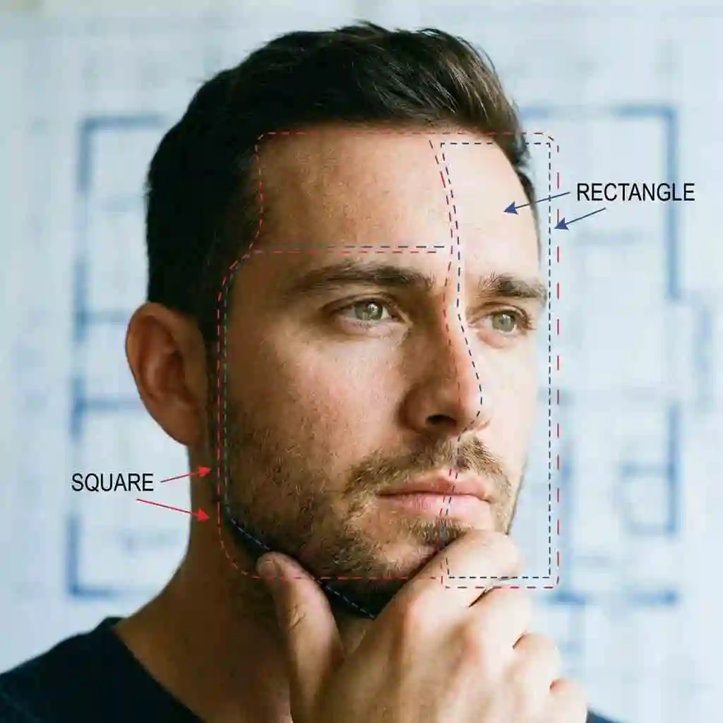 Illustration showing a face shape with mixed characteristics explaining how to choose a beard for your face shape when you fall between two types.