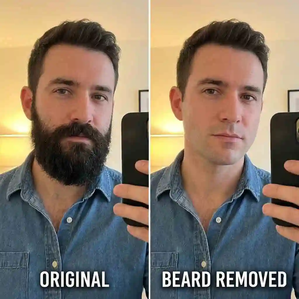 Demonstration of Beard Remover tool removing facial hair in seconds allowing users to preview their canvas before deciding on a new beard for your face shape.