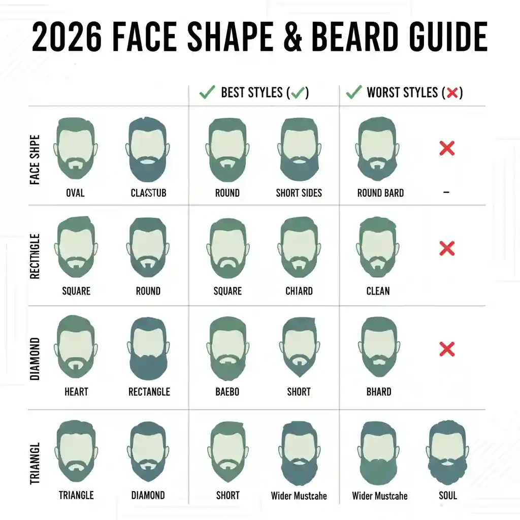 The Ultimate 2026 Face Shape Beard Chart ranking 15 popular beard styles from best to worst to guide you in choosing the perfect beard for your face shape.