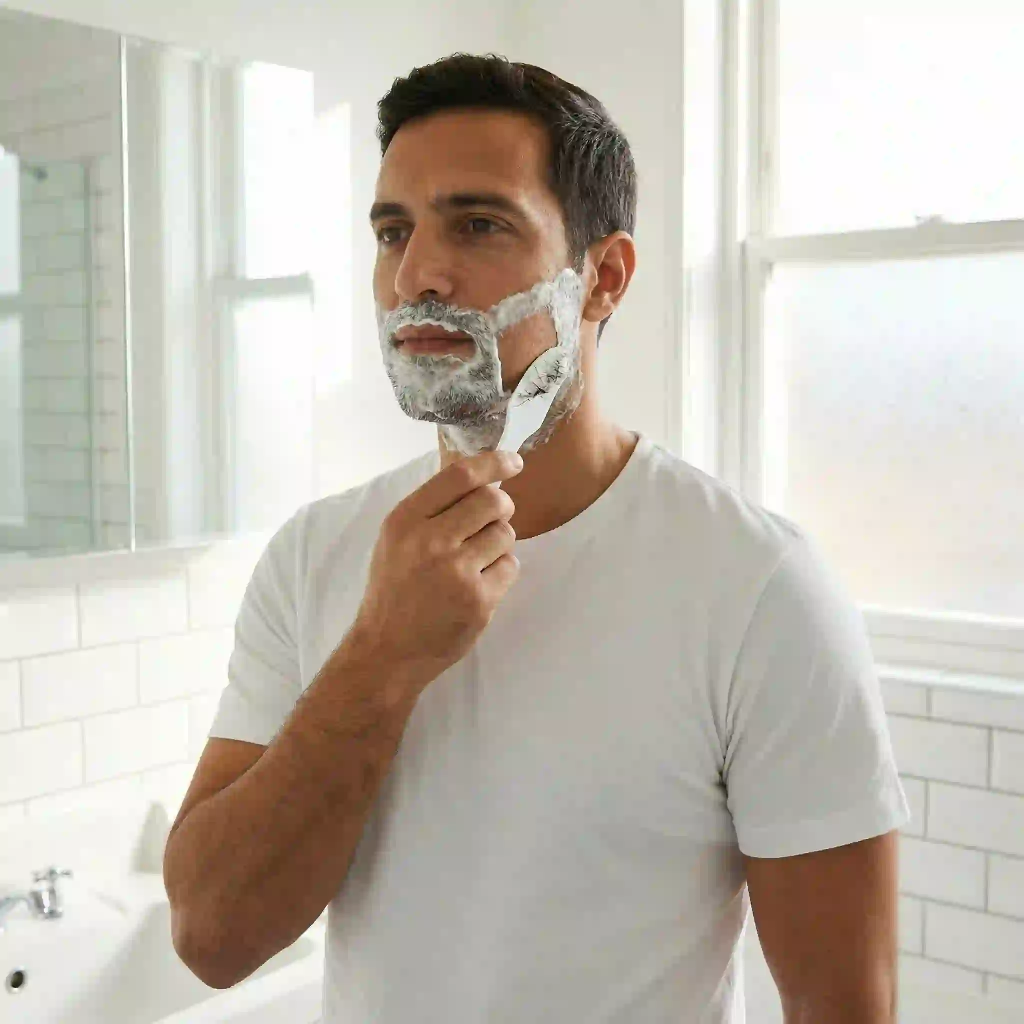 Person gently wiping away the beard removal cream and dissolved hair using a damp washcloth, moving against the direction of hair growth to effectively clear the skin and reveal a smooth, hair-free surface.
