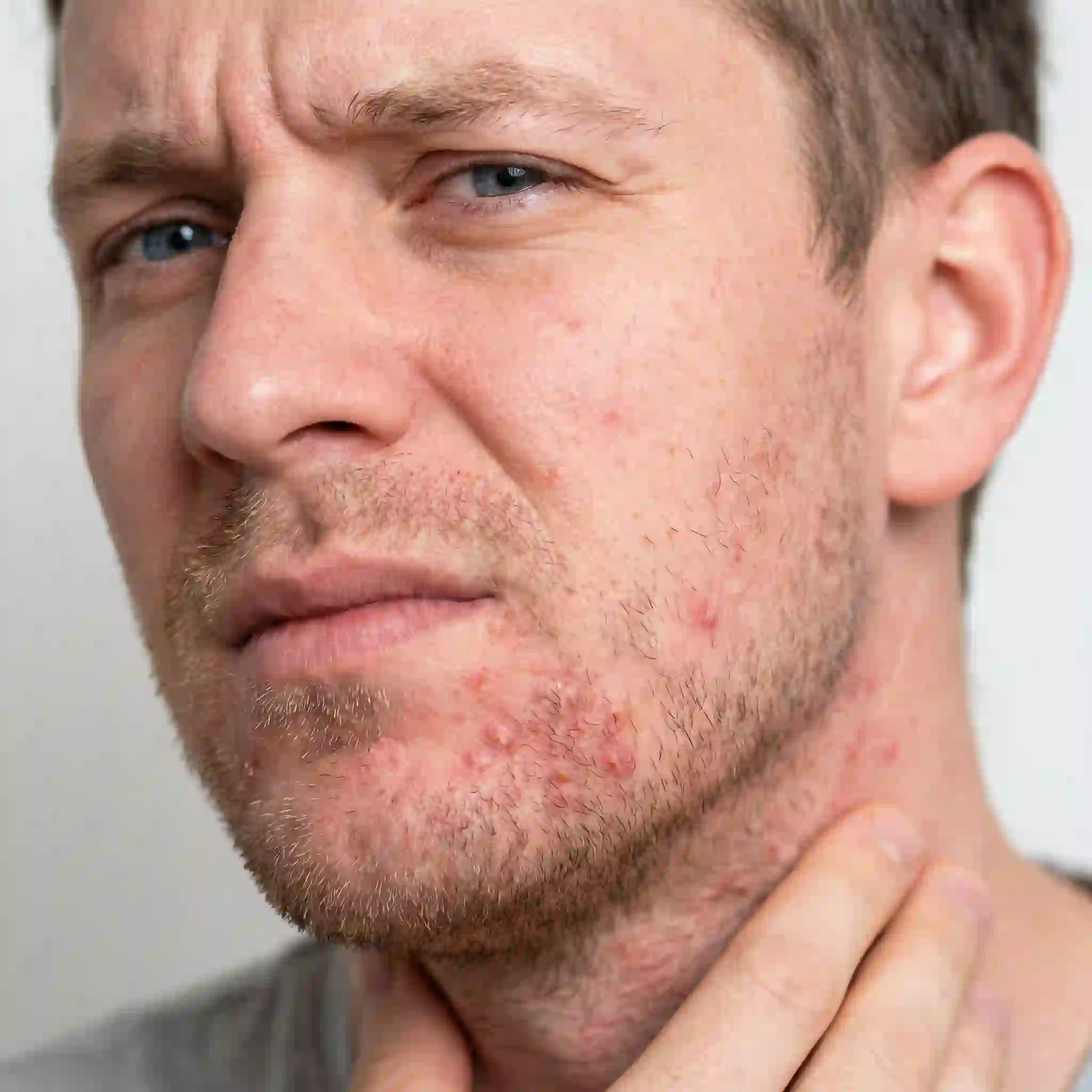 A man with sensitive skin inspecting his face for redness, demonstrating the need for a gentle beard removal cream formulated with soothing ingredients to prevent stinging often associated with harsh shaving products and razor use.