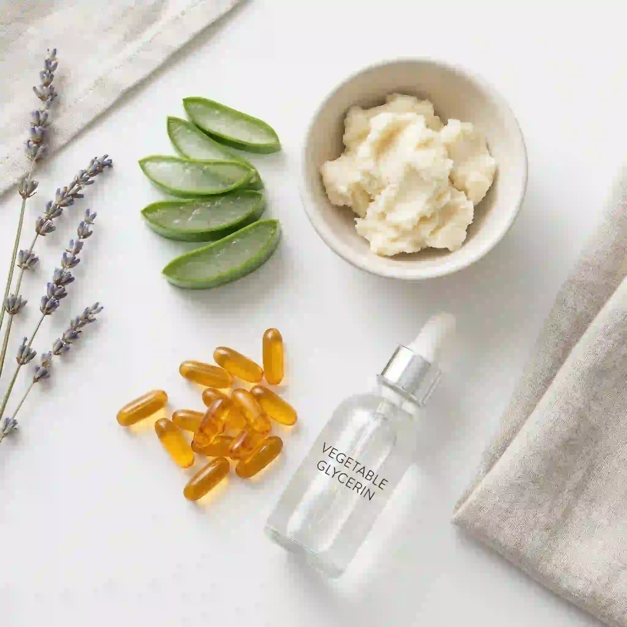 Assortment of skincare ingredients like aloe vera used in sensitive skin beard removal cream formulations, emphasizing the importance of choosing products that protect the skin barrier while effectively dissolving coarse facial hair for a comfortable experience.