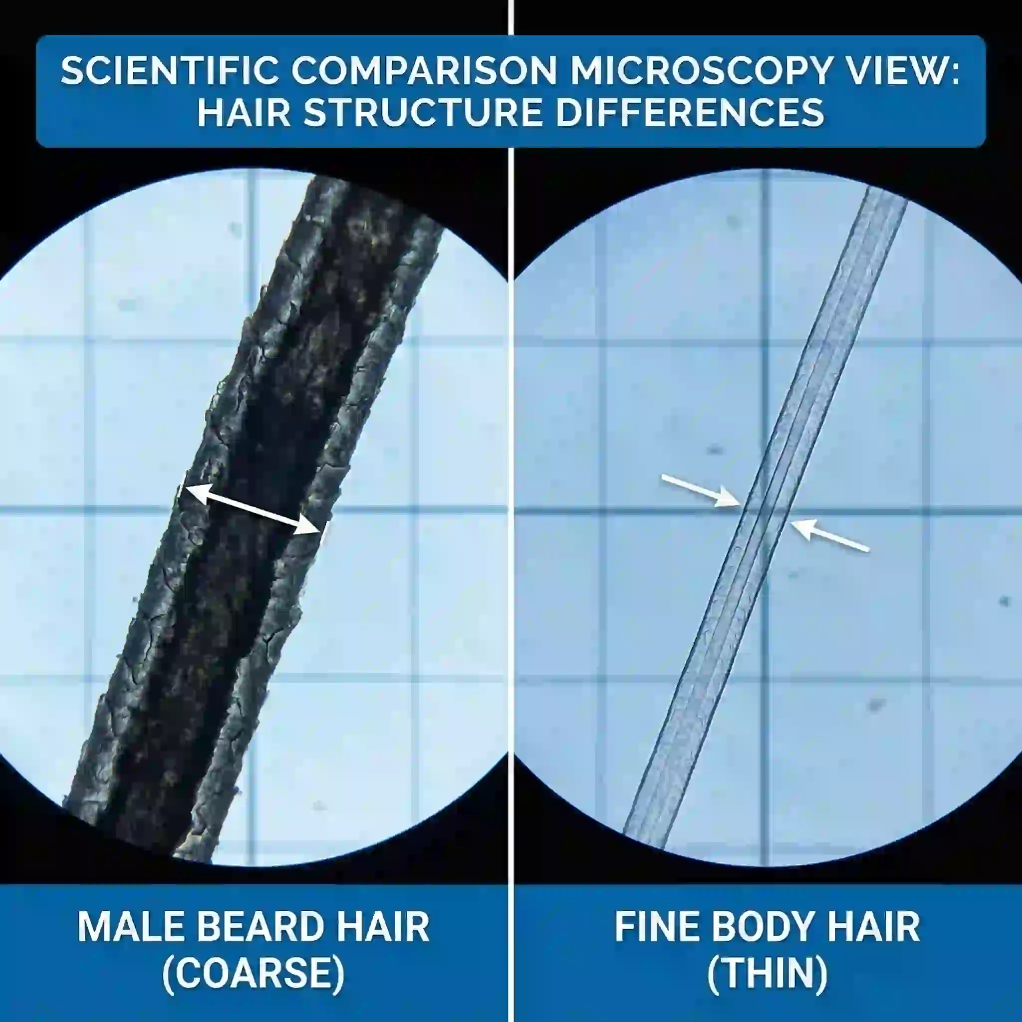 Microscopic view contrasting fine hair with thick coarse facial hair, illustrating why a specialized extra-strength beard removal cream is necessary to effectively penetrate and dissolve dense beard bristles that standard hair removal products might fail.