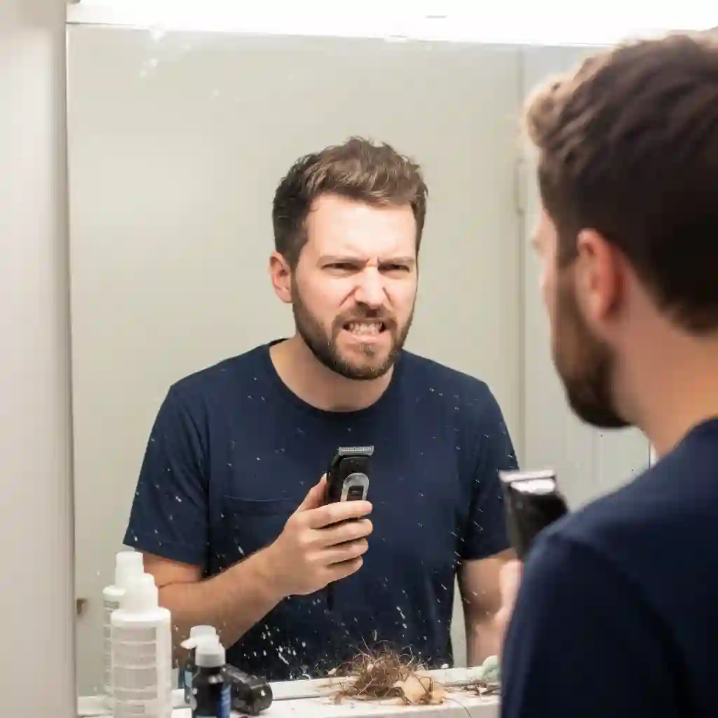 Bearded man looking in the mirror feeling frustrated with uneven facial hair and seeking a precision beard shaper tool to fix asymmetry and achieve a perfectly balanced look.
