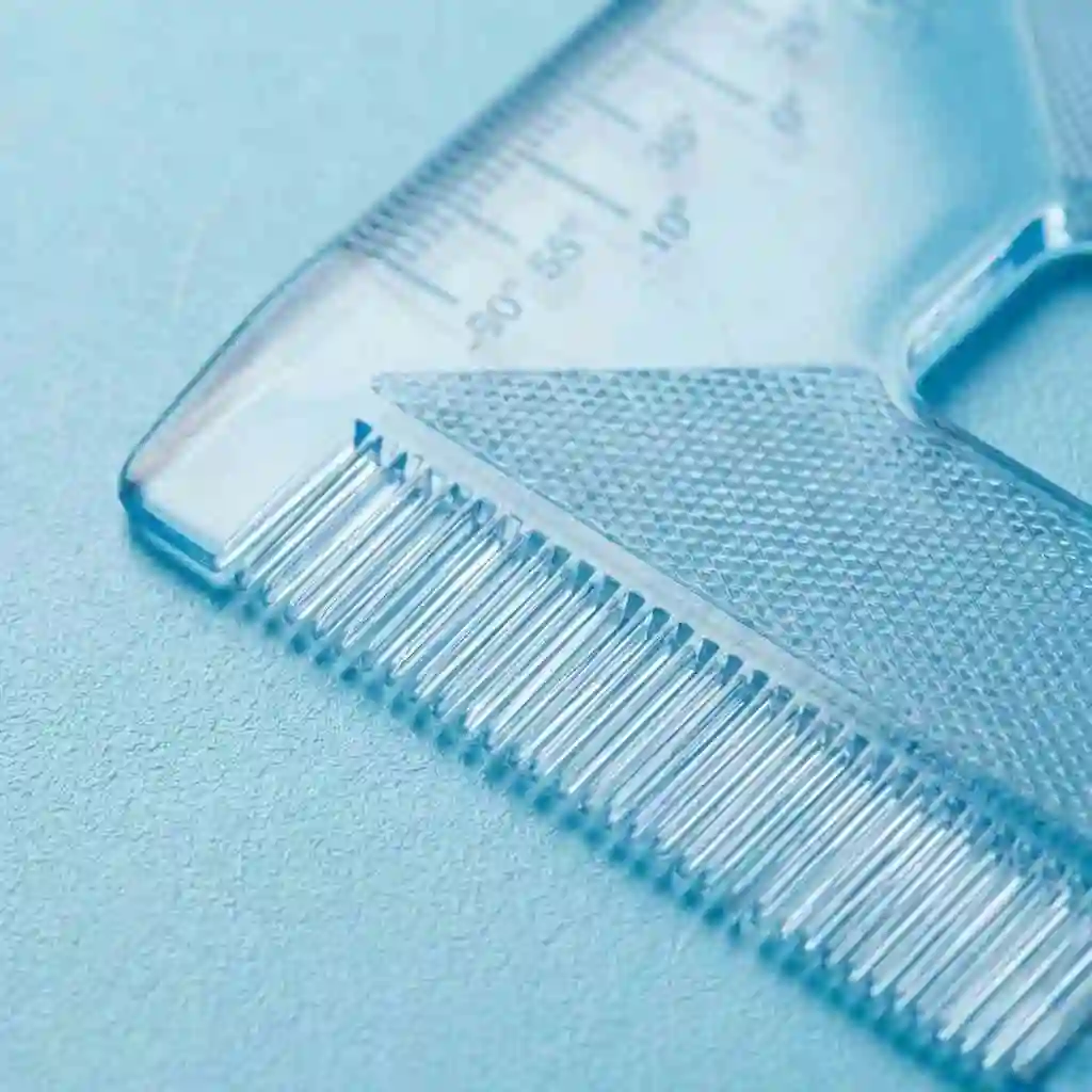 Close-up view of a premium transparent beard shaper tool highlighting essential features like a built-in comb, anti-slip grip, and leveling marks for precise and symmetrical trimming.