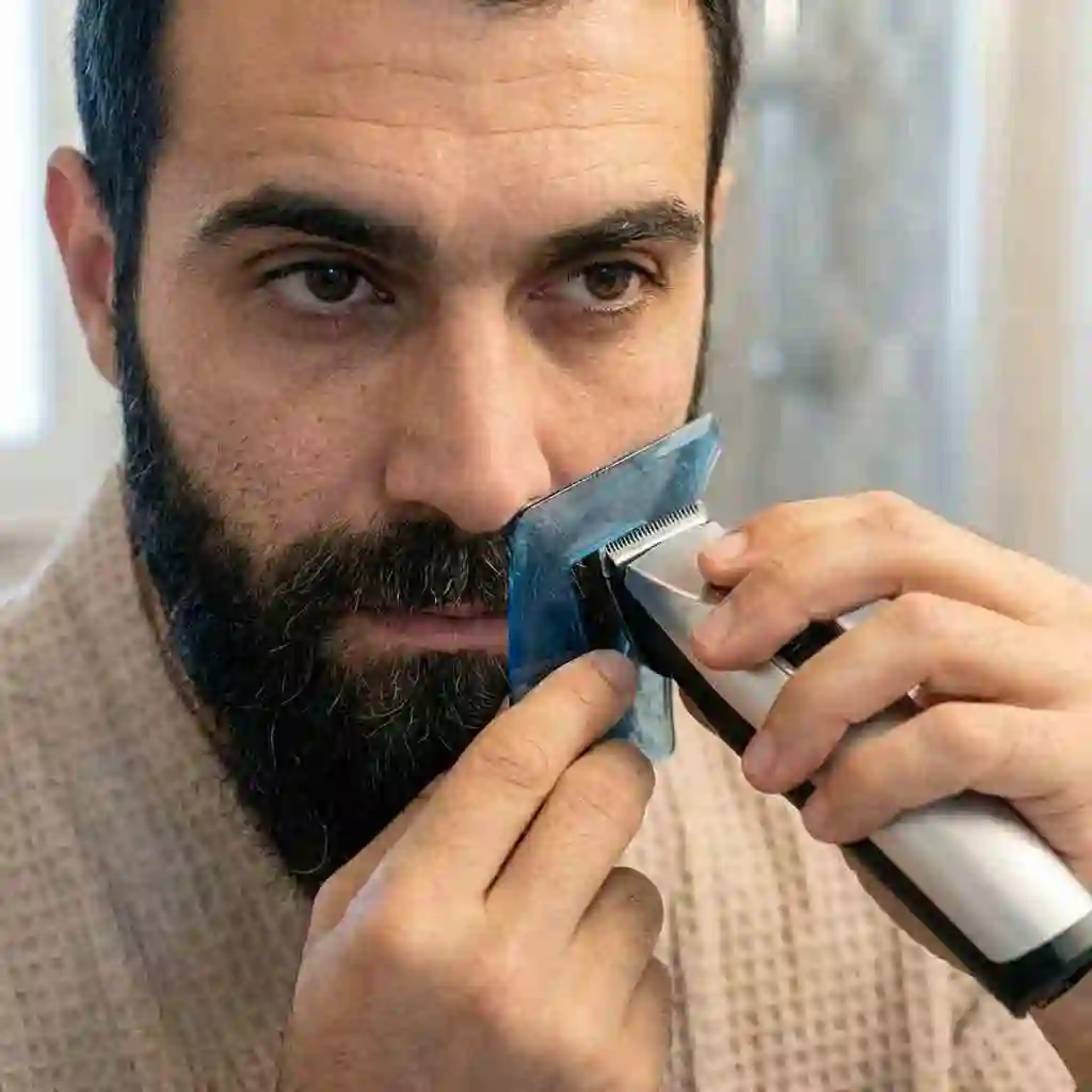 Close-up of a man using the small curves of a beard shaper tool to detail his mustache and goatee area for a sharp and well-groomed finish.