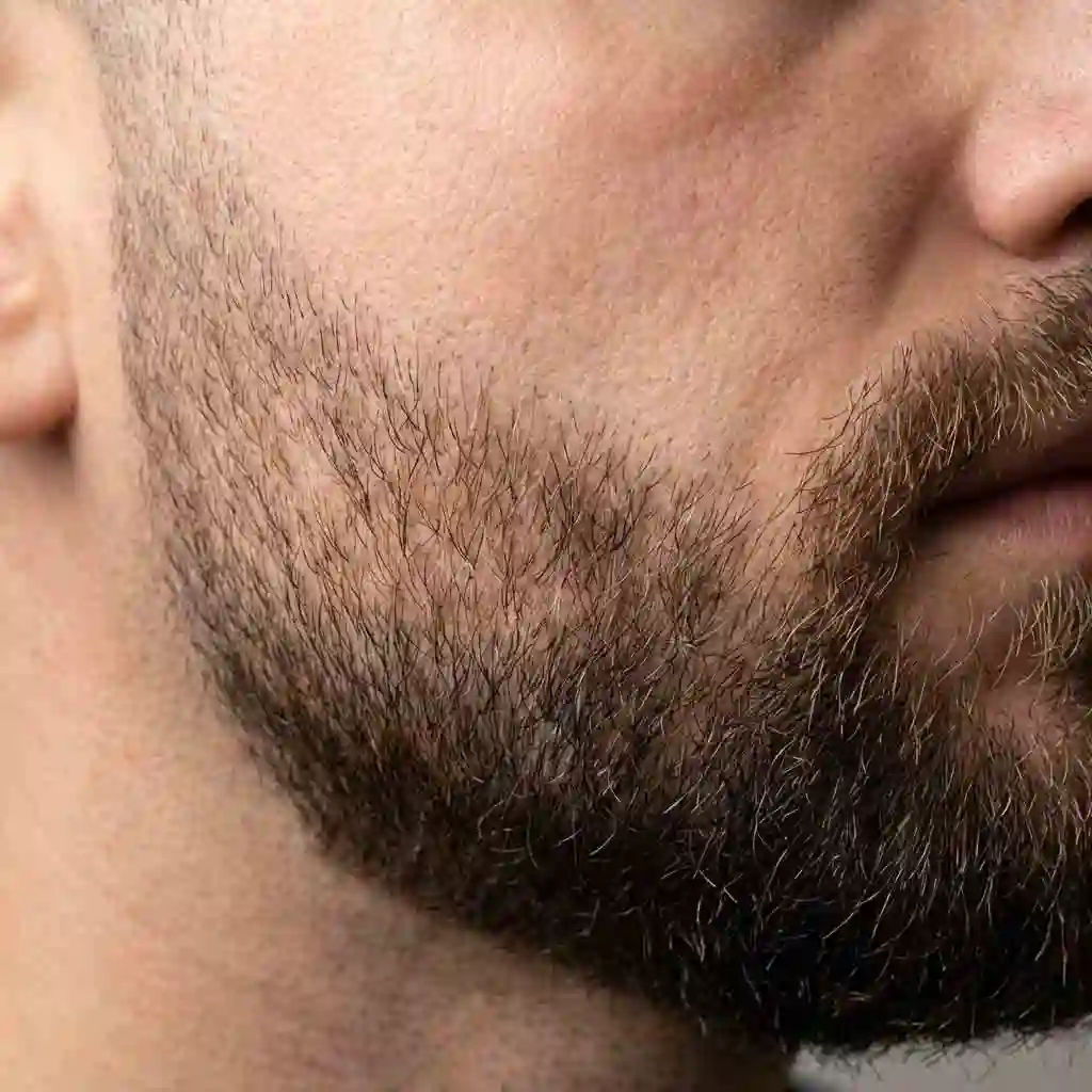 Detailed view of a beard fade technique where a man blends his beard lines created with a beard shaper for a more natural and professional gradient effect.