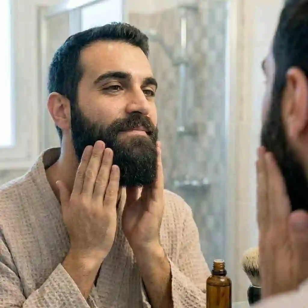 Man applying soothing beard oil to his freshly trimmed beard to hydrate the skin and prevent itchiness or dandruff after using a beard shaper and trimmer.