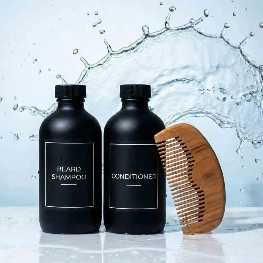 Man washing his beard with a dedicated beard shampoo to maintain soft and healthy facial hair, ensuring his style created with a beard shaper looks its best.