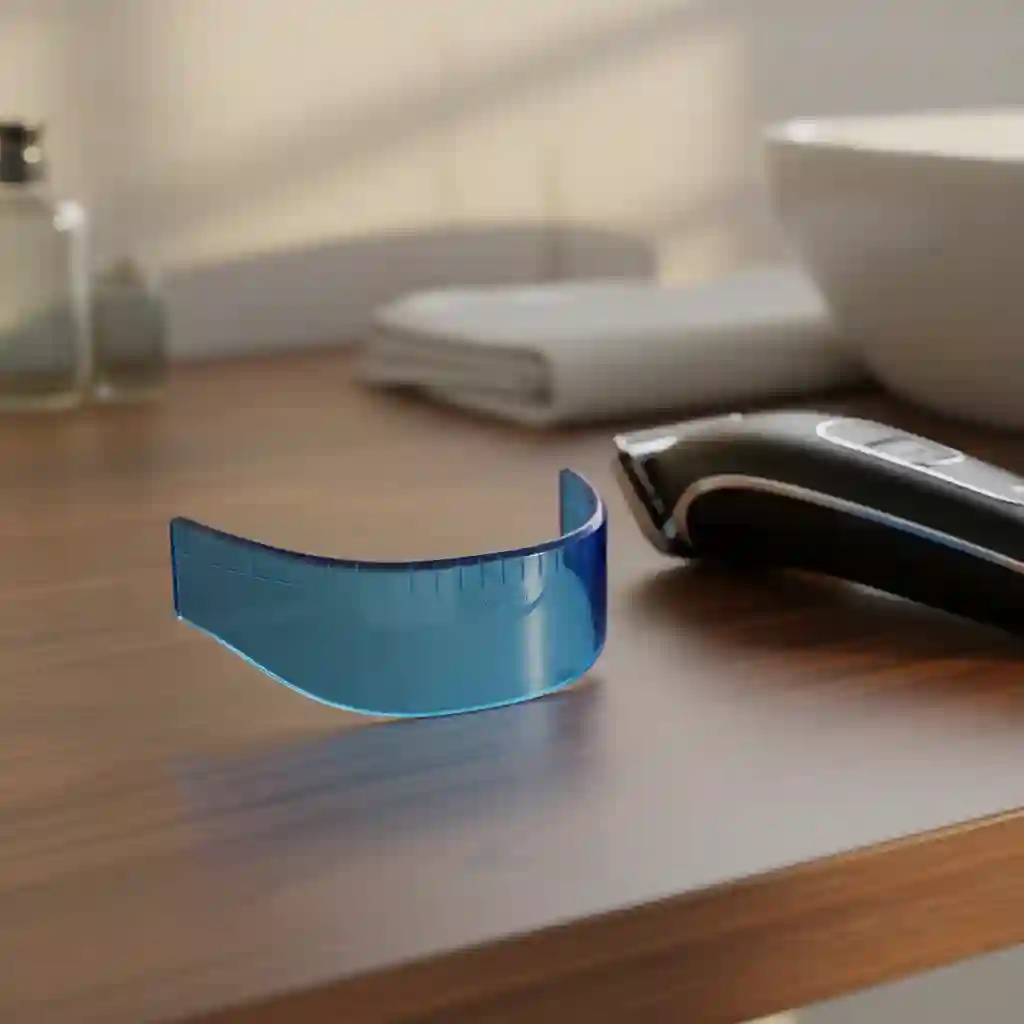 A collection of grooming tools including calipers and a beard shaper template displayed on a wooden table to demonstrate precision grooming and symmetrical facial hair styling for men.