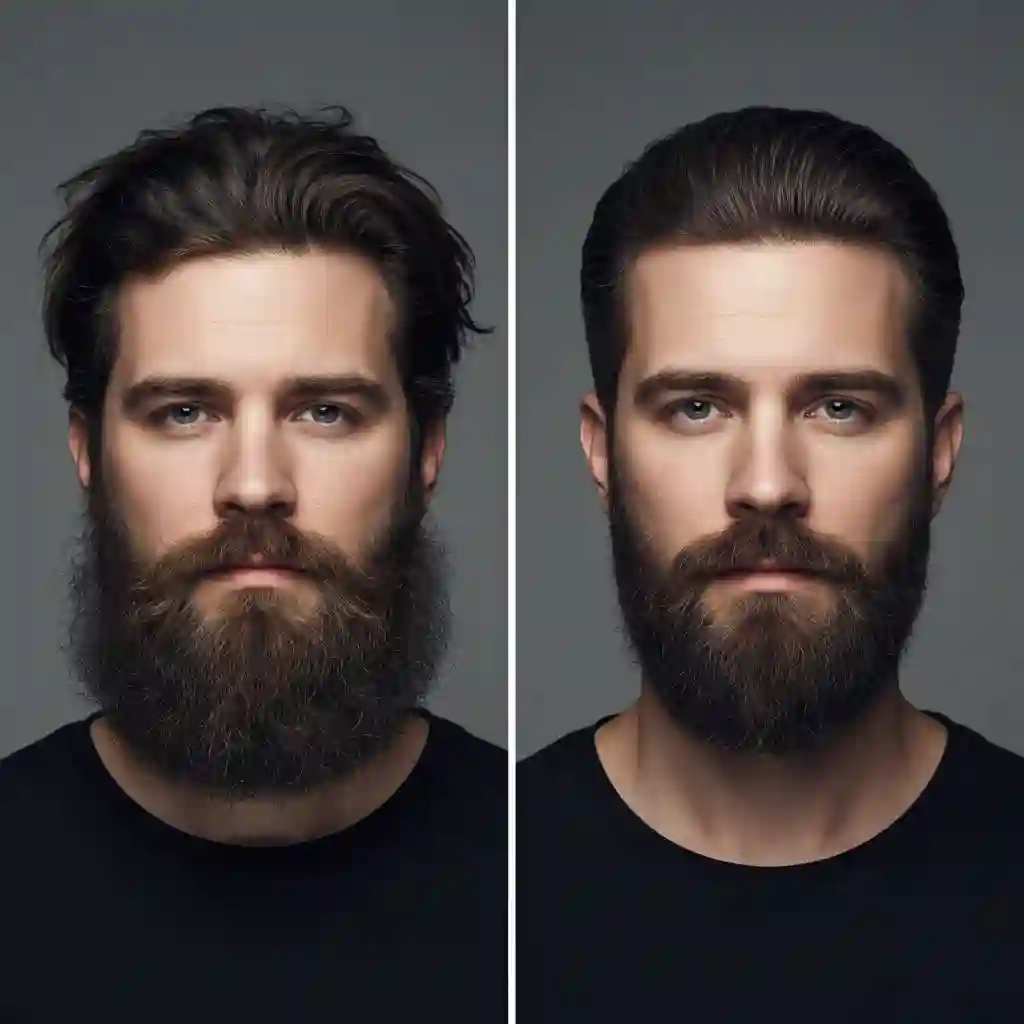 Diagram illustrating how using a beard shaper to create symmetrical beard lines can visually enhance jawline structure and make the face appear slimmer and more defined.