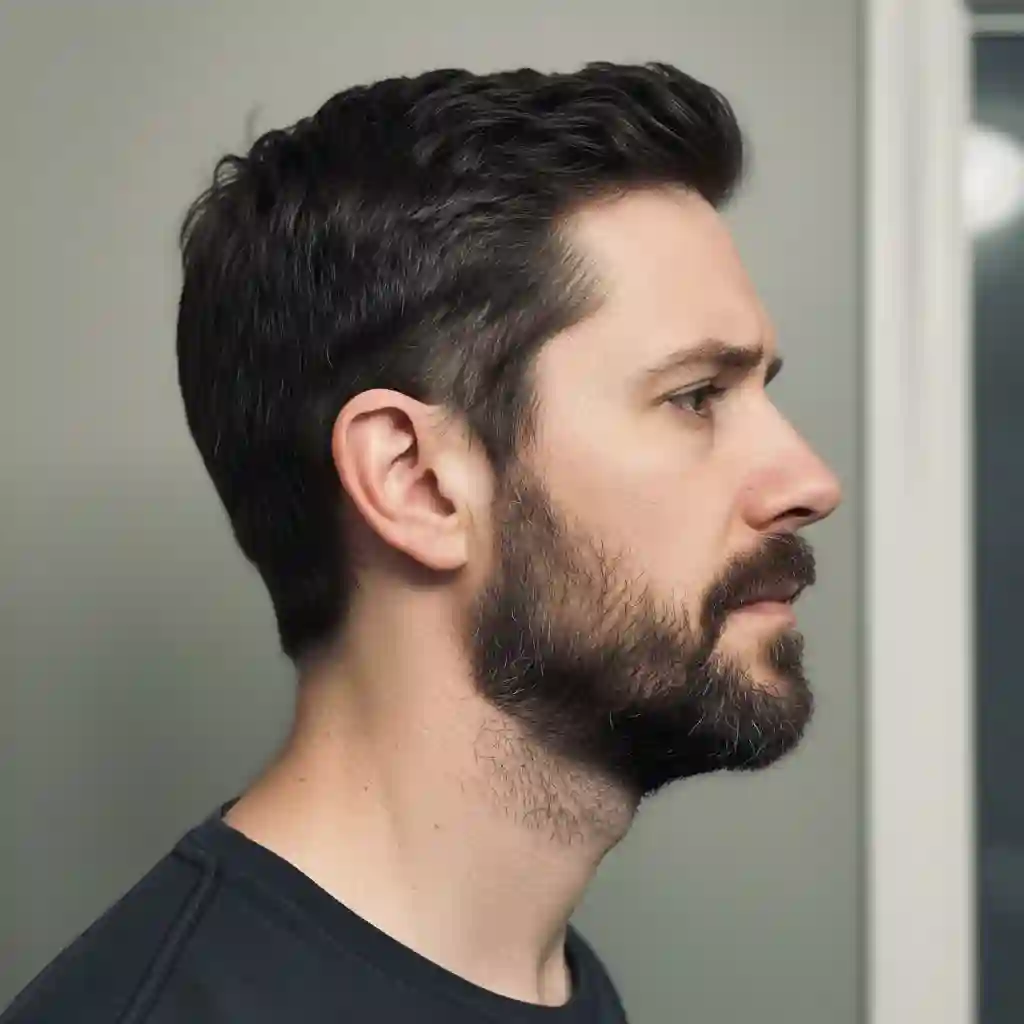 Close-up example of a common grooming mistake showing a beard neckline trimmed too high without using a beard shaper guide, resulting in an unnatural and unflattering double chin effect.