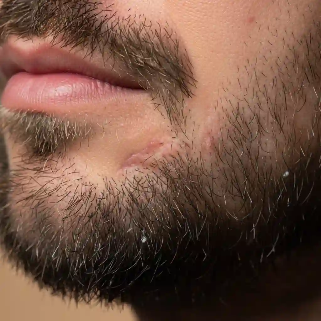 Close-up of a man with uneven and wobbly cheek lines caused by freehand trimming without a beard shaper tool, highlighting the difficulty of achieving symmetry manually.