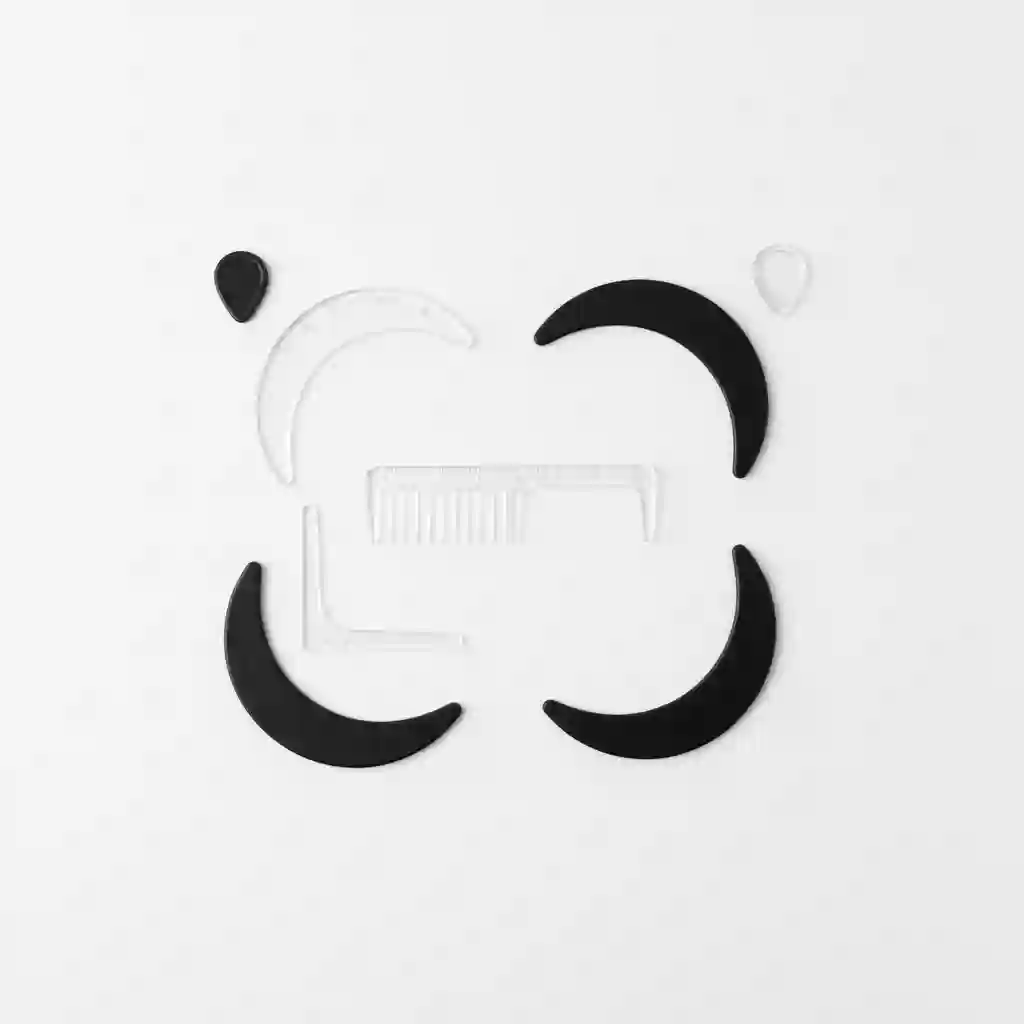 Display of various beard shaper tools in different shapes and materials helping men choose the perfect transparent stencil for their specific face shape and grooming needs.