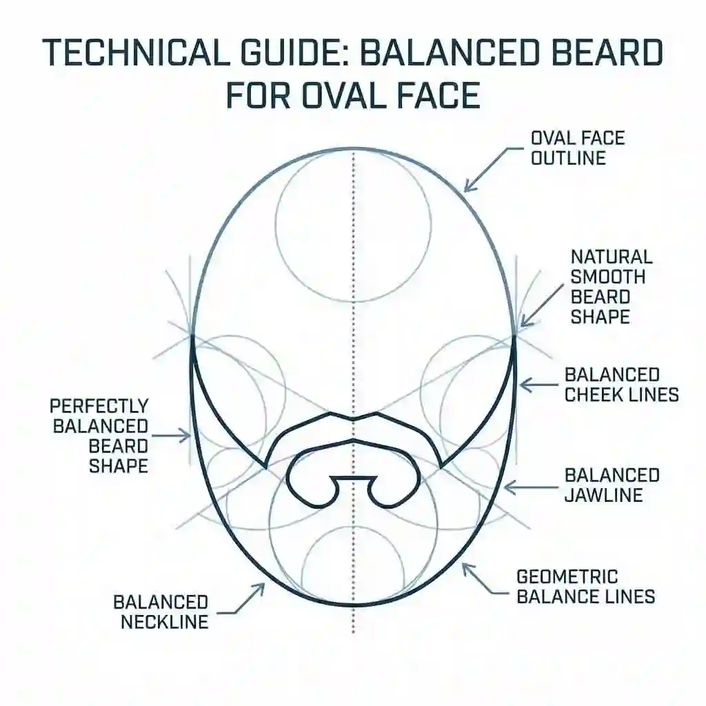 Illustration of a versatile beard style for an oval face shape demonstrating how to use a beard shaper to create either straight or curved lines for a balanced look.
