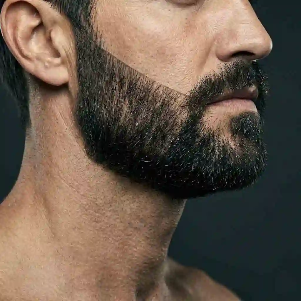 Profile view of a short boxed beard with sharp contours, perfect for square faces but requiring precision when considering flattering beard styles and face shapes.