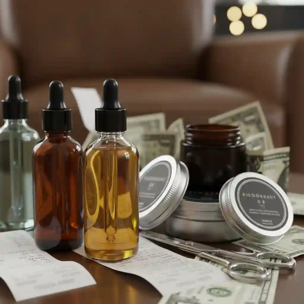 Assortment of grooming tools and beard products representing the hidden financial and time costs associated with maintaining complex beard styles and face shapes for a polished look.